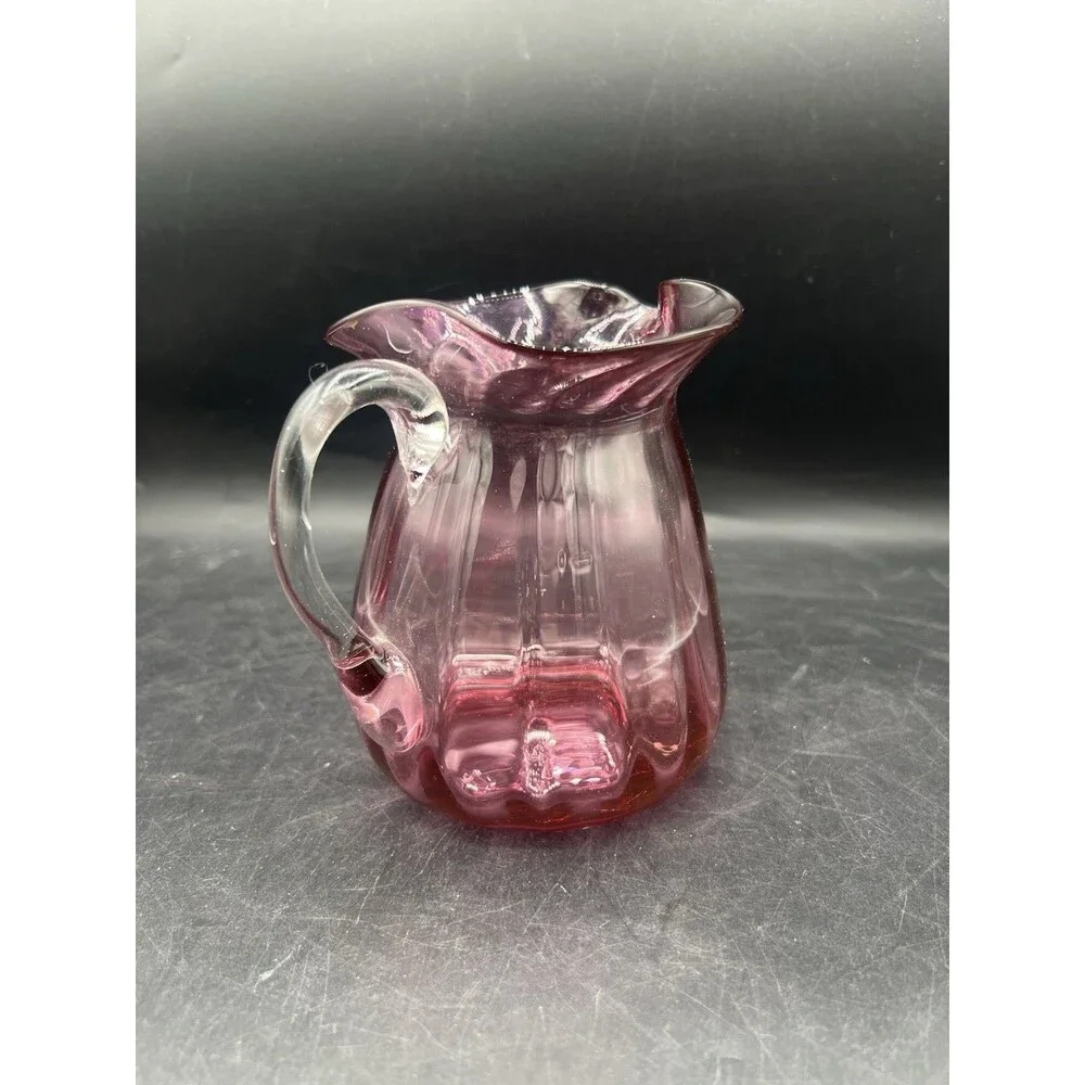 VTG Pilgrim Cranberry Pink Art Glass Optic Swirl Creamer Pitcher 5” Handle